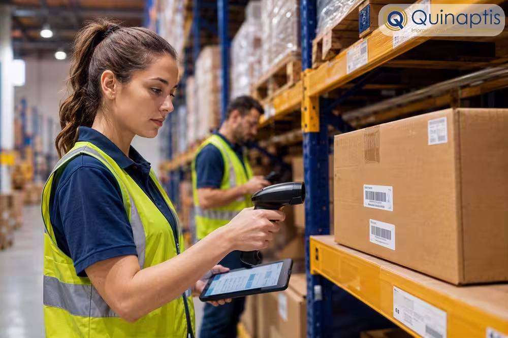 modern warehouse with staff using scanners